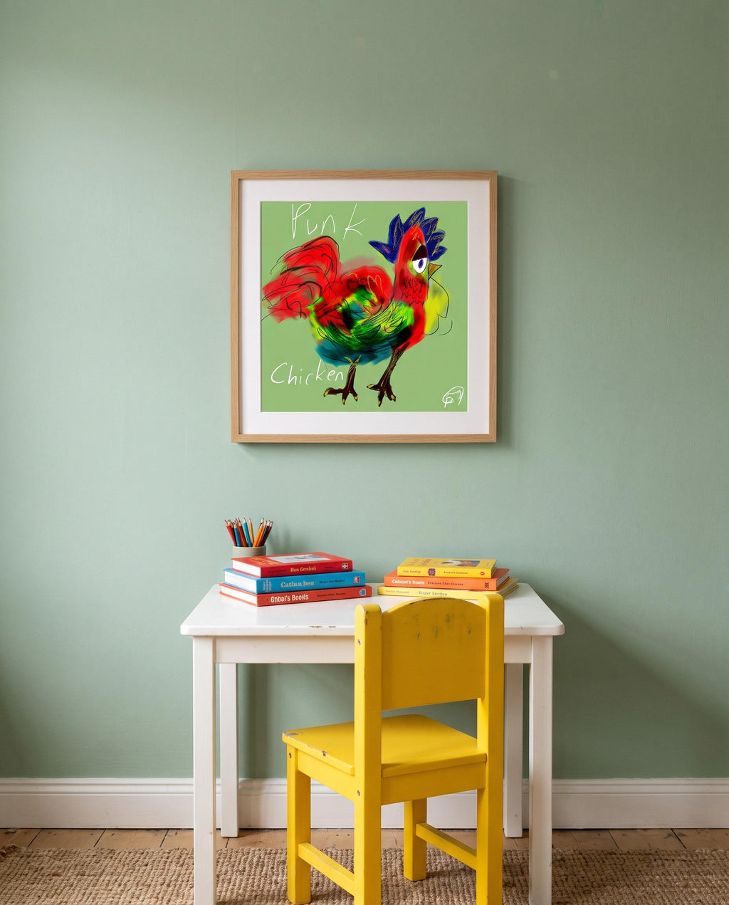 Punk Chicken art print, colorful rooster illustration by Carmelart